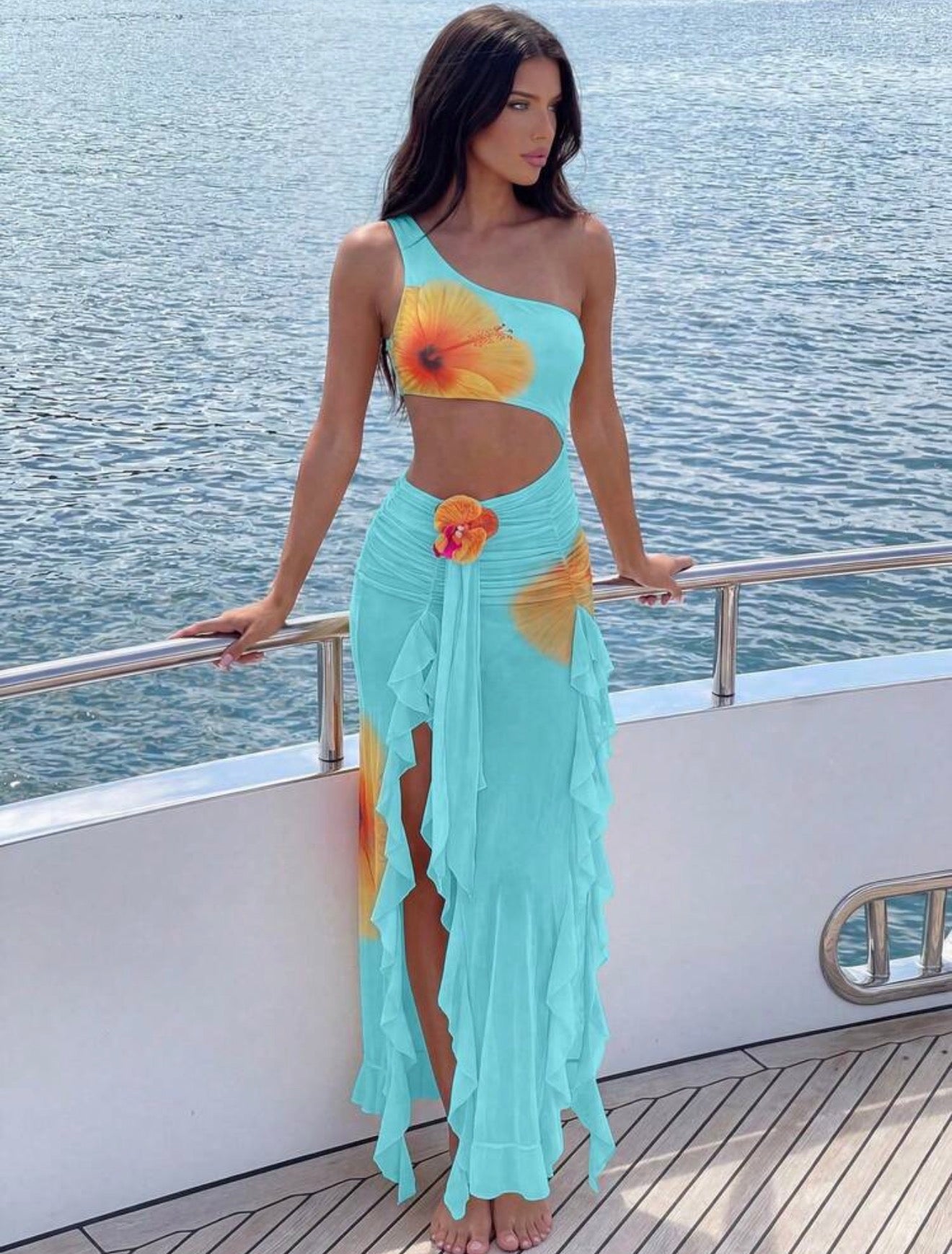 Piece Cut-Out One-Piece Swim Set with Skirt Cover-Up