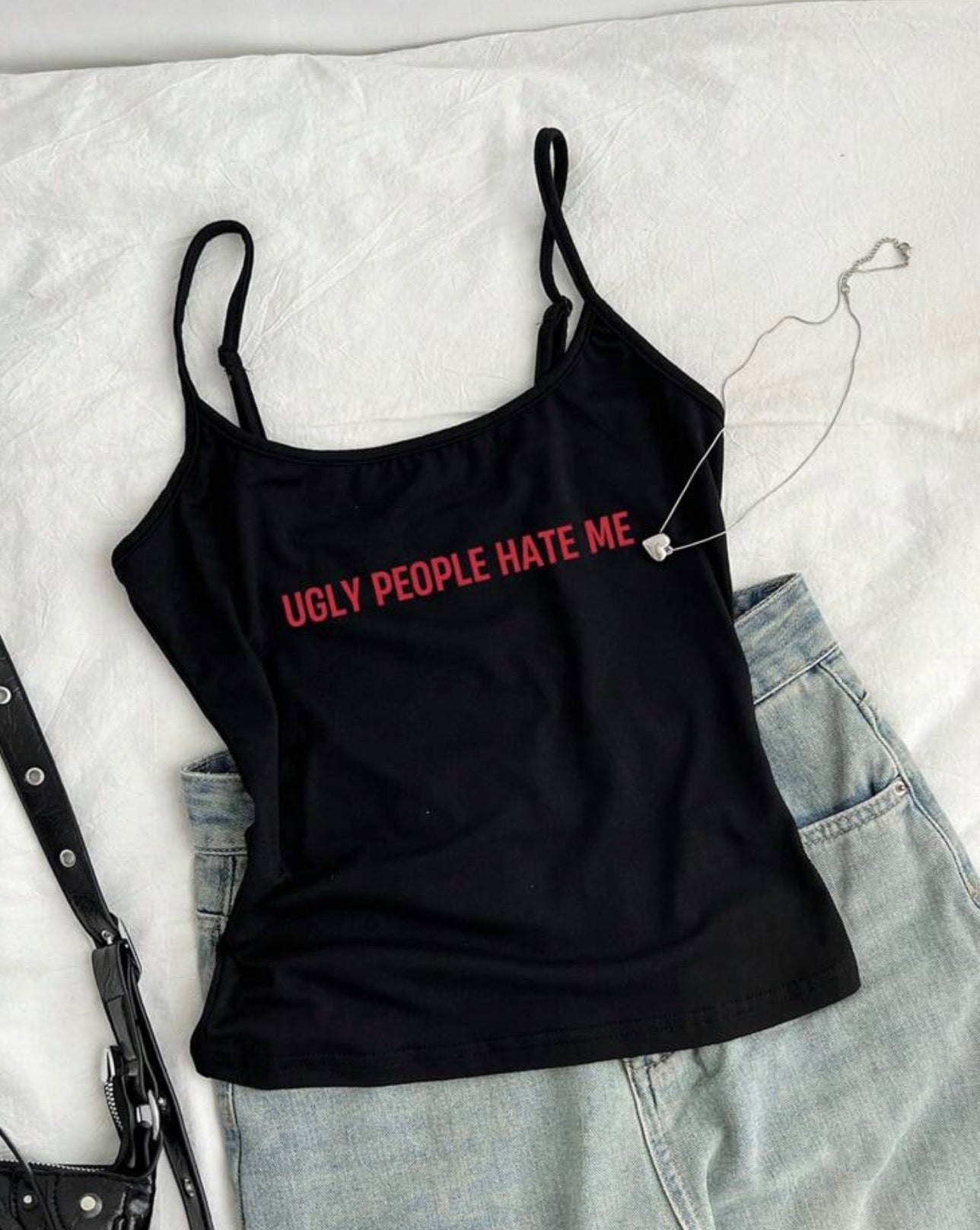 Ugly People Hate Me — Bold Red Letter Graphic Black Tank Top