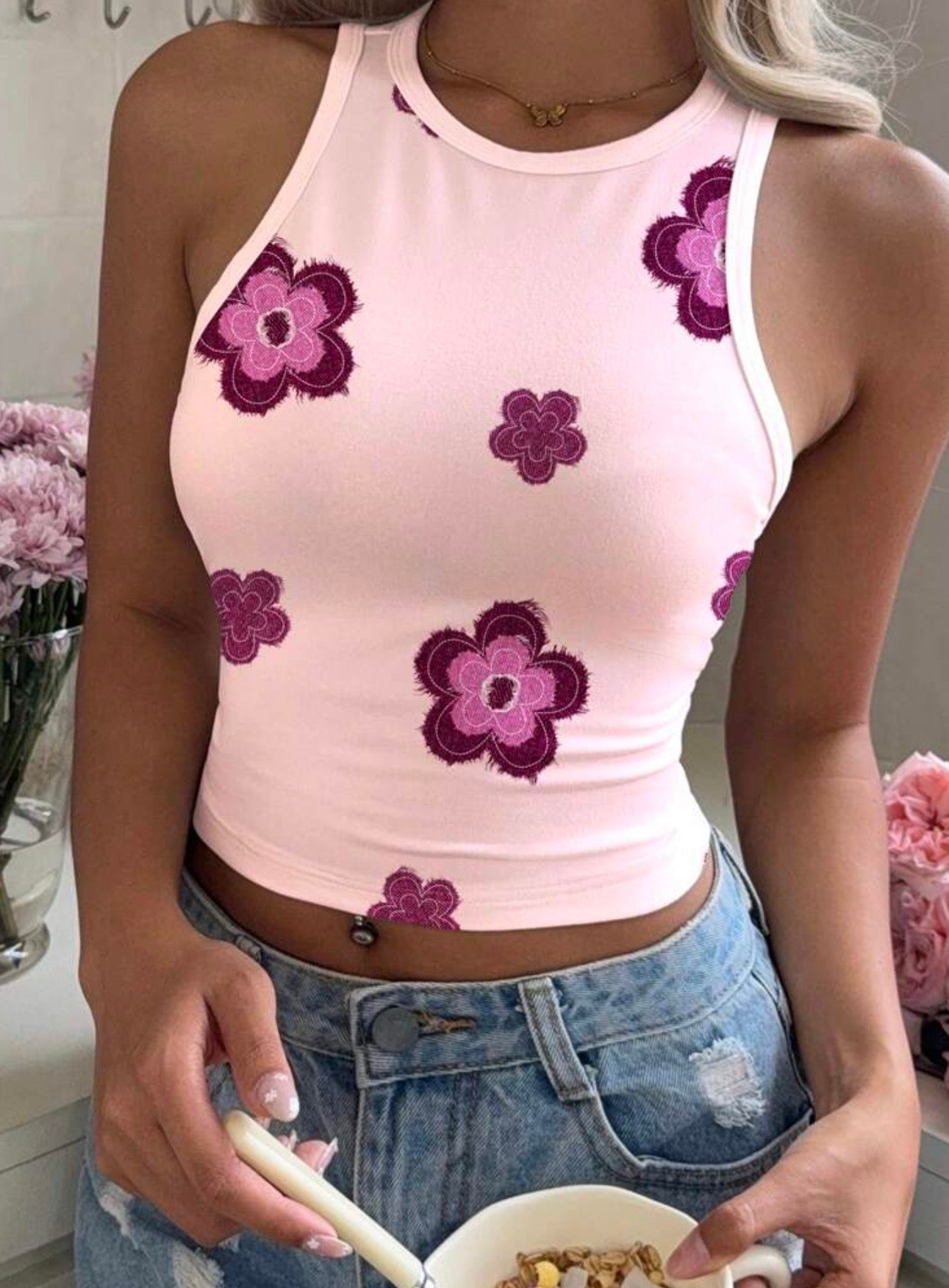Pink Floral Sleeveless Fitted Top – Feminine Chic Summer Style