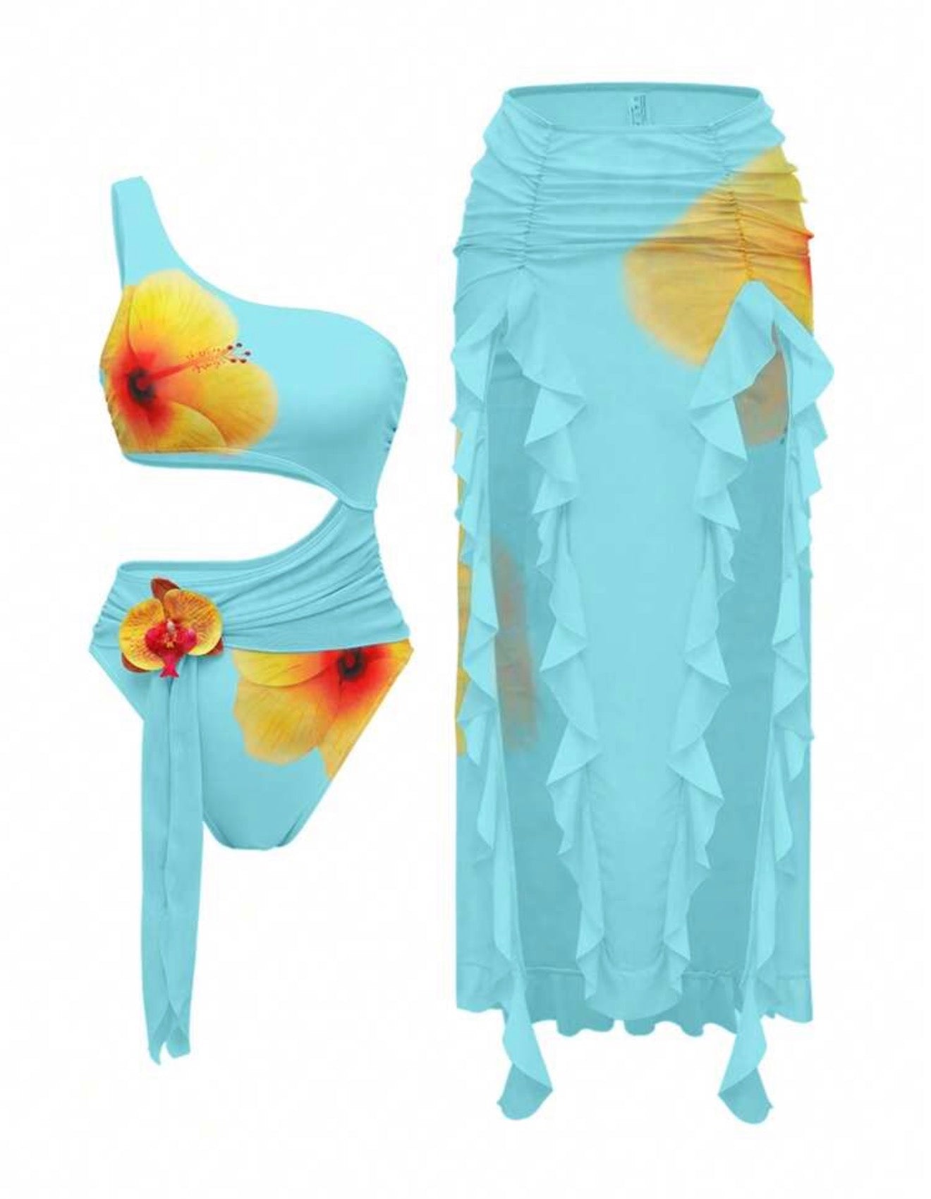Piece Cut-Out One-Piece Swim Set with Skirt Cover-Up