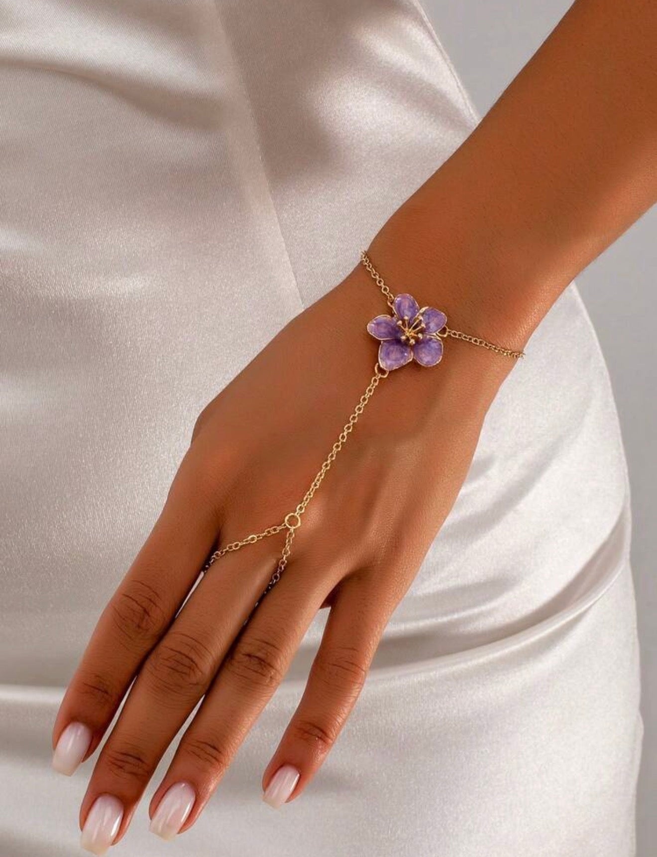 Purple Finger Ring & Chain Bracelet Set