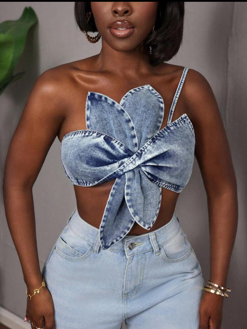 Vintage Denim Bowknot Crop Top