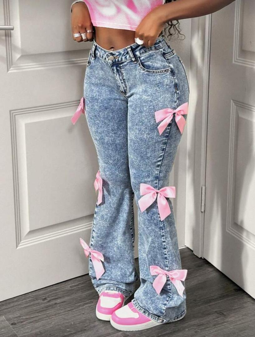 Bow Decor Flare Leg Vintage Denim Pants