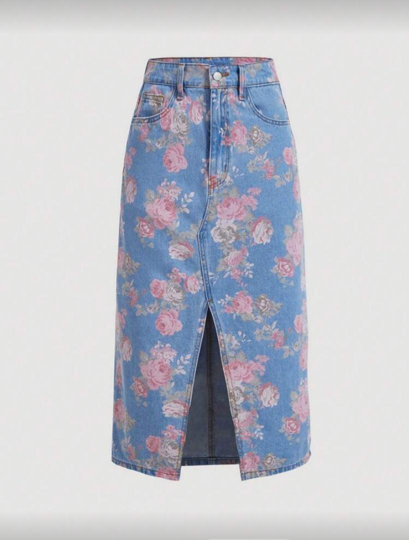 Floral Print Denim Skirt